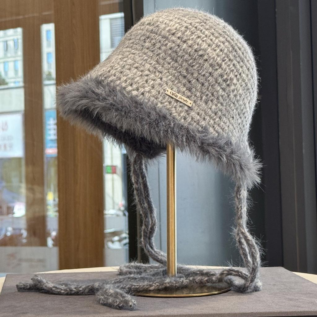 Rough Edge Mixed Color Lace-up Bucket Hat Women's Winter New Cold and Warm Ear Protection Knitted Hat Fashion Temperament Wool Hat