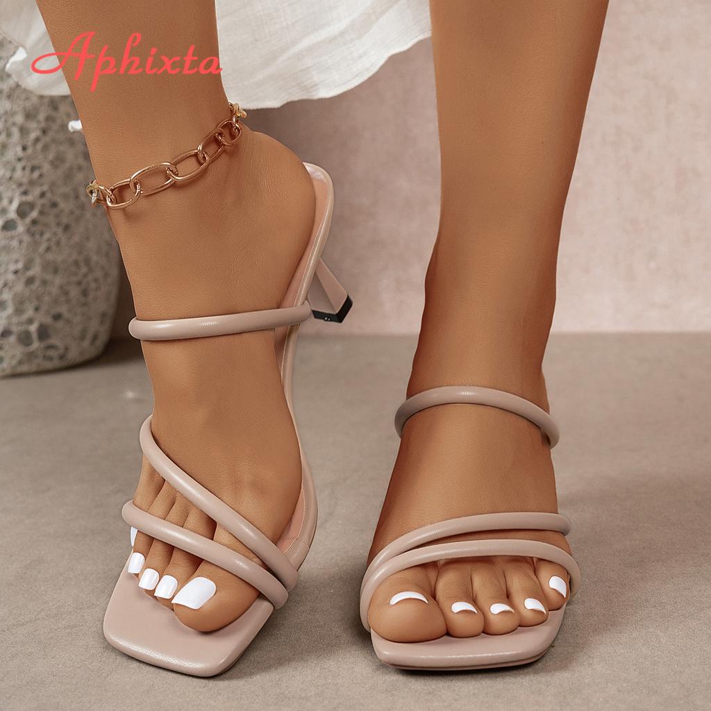 Aphixta 7CM High Heeled Women White Khaki Thin Heel Narrow Band Concise Square Toe Prom Slipper Slingback Shoes for Women Size43