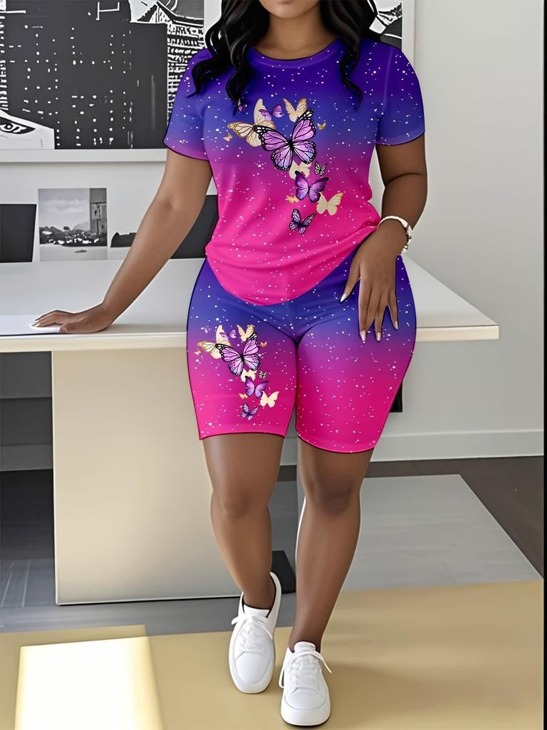 Butterfly European and American Women's Clothing Coconut Tree Printing T-Shirt Shorts Set Sports Suit