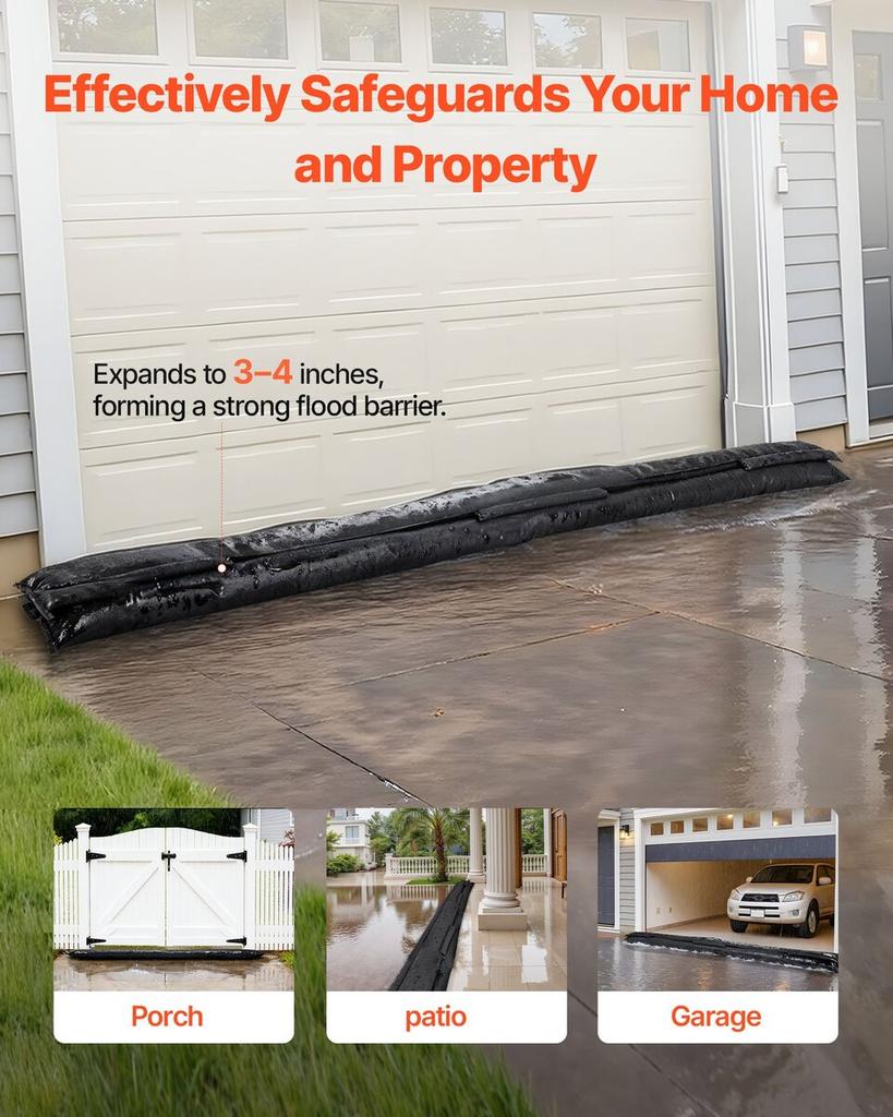 Flood Barrier, 8 Pack, 3050 X 210 Mm Flood Bags Activated by Water, Reusable Water Absorbent Barrier, Sandless Sandbags Blockage, Flooding Prevention