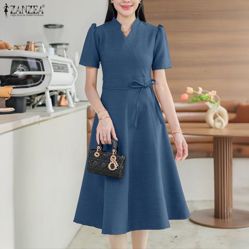 ZANZEA Women Elegant Casual V-neck Summer Short Sleeve Dress