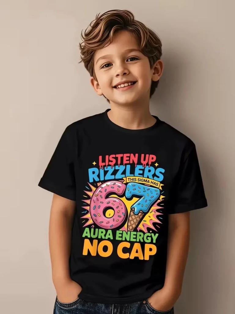 Cute Meme T-Shirt for Boys Girls Childrens Six Seven Funny Kids Y2k Tees Tops 67 Brainrot Print Round Neck Short Sleeve T Shirt