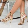 Aneikeh Lackleder Gladiator Gold Sexy Ausgeschnittene Sandalen Party Schuhe Nachtclub Hoher Absatz Riemen Damen 35-40