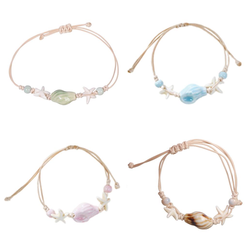 Ocean Theme Ceramic Starfish Conch Braided Bracelet Lightweight Handchain Jewelry For Women Beach Party Daily Wear