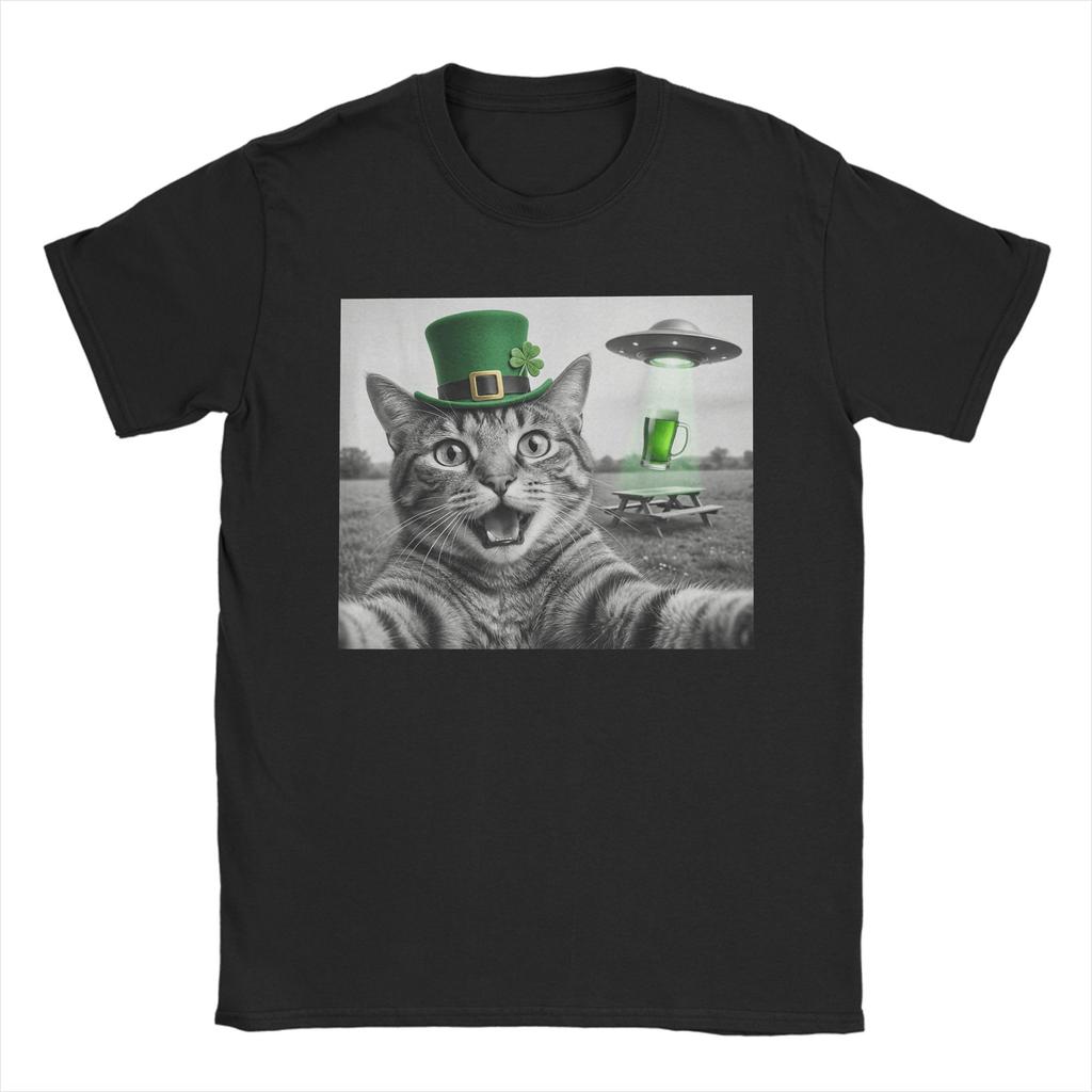 St Patricks Day Cat Selfie with Leprechaun Funny Photo T Shirt Beach Cotton T Shirts For Unisex Harajuku Casual Tee Shirt