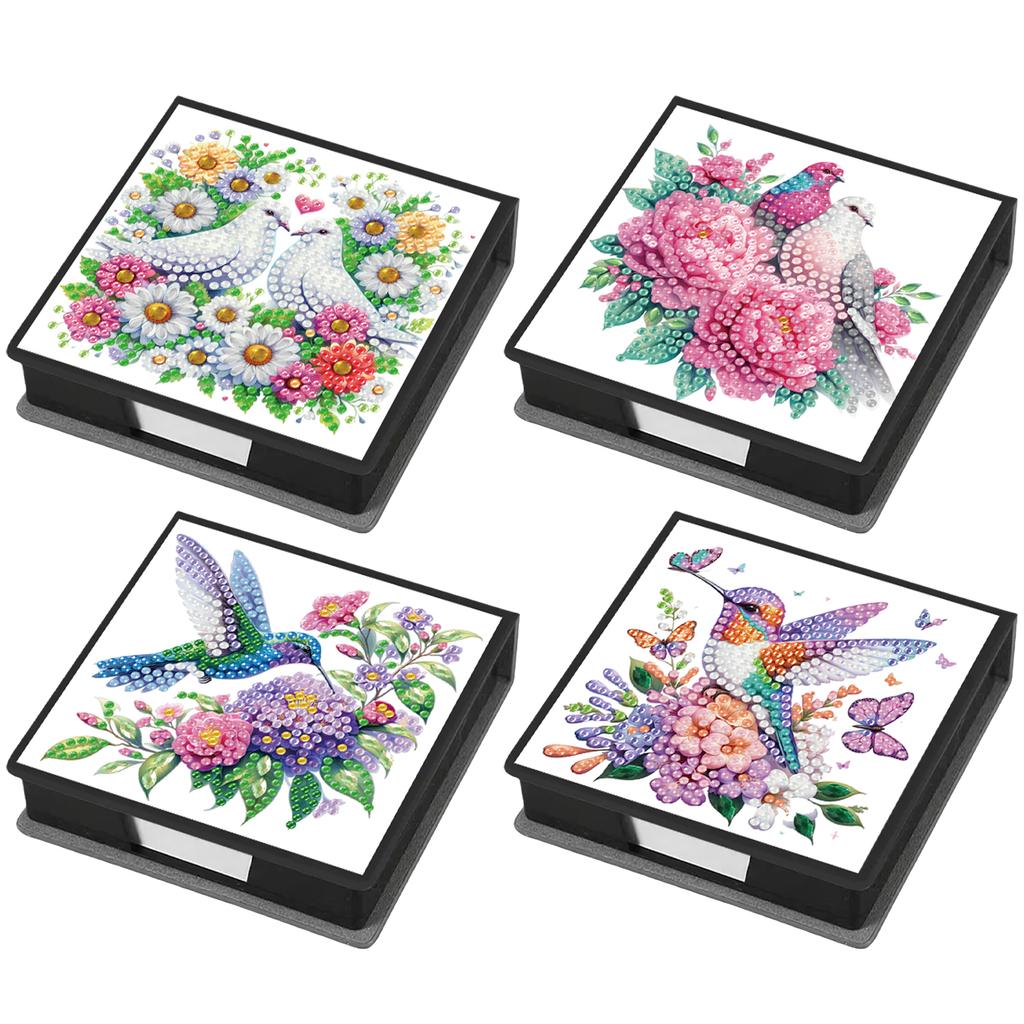 4Pcs 5D DIY PU Diamond Art Sticky Note Holder with 160 Sheets Paper Crystal Note Box for Living Room Home Office Decoration