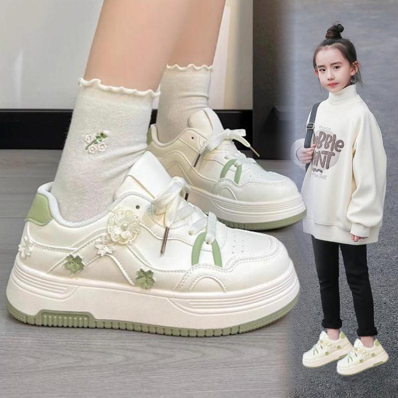 Koreanische Leinenschuhe für Mädchen - 2026 Blumenmuster, Dicke Sohle, Frühling/Herbst, Lässig Weiß