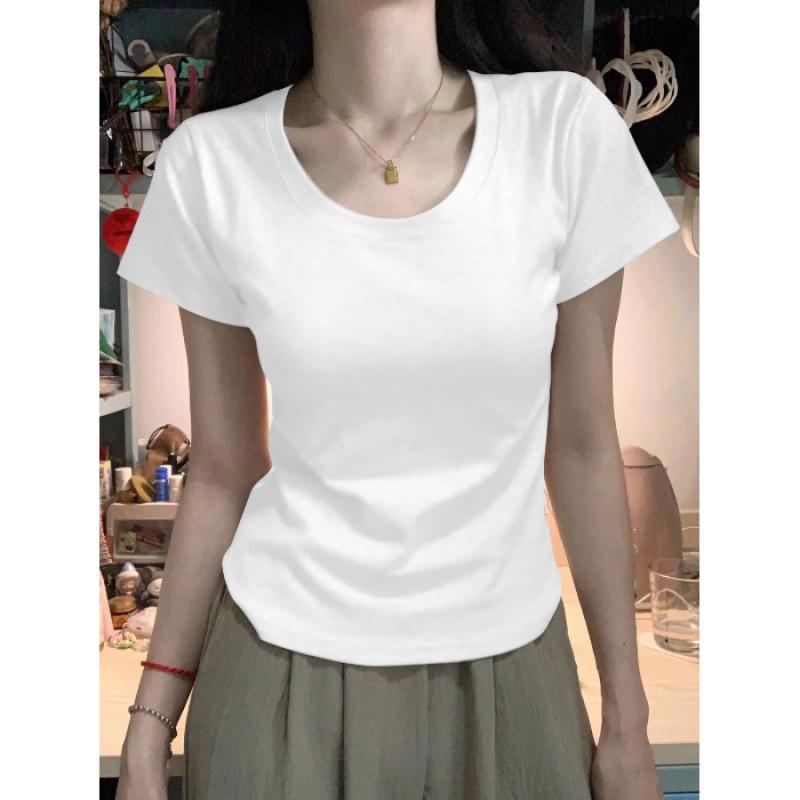 Women's Summer U-Neck Slim Fit Milk Yellow T-Shirt