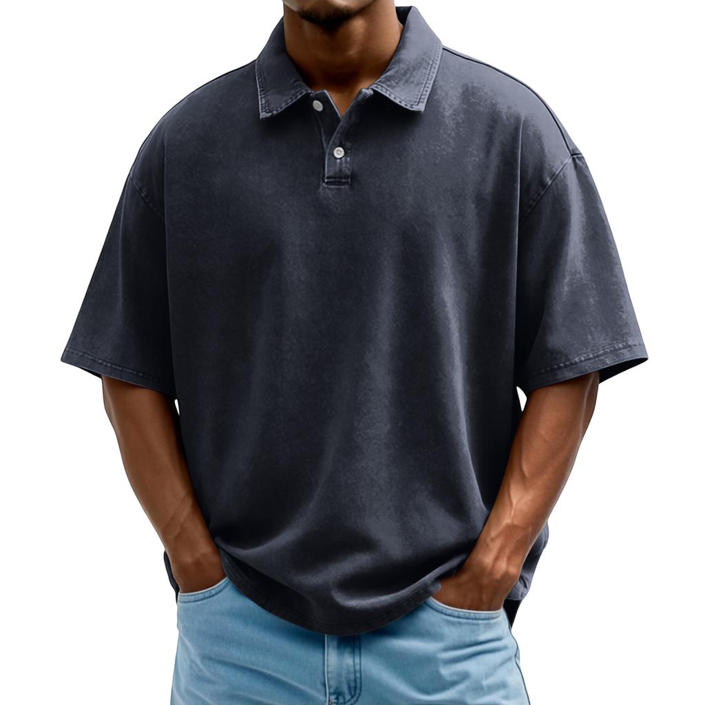 Men's Washed Vintage Polo Shirt Single Breasted Short Sleeve Casual Shirt with Turn Down Collar Loose Fit