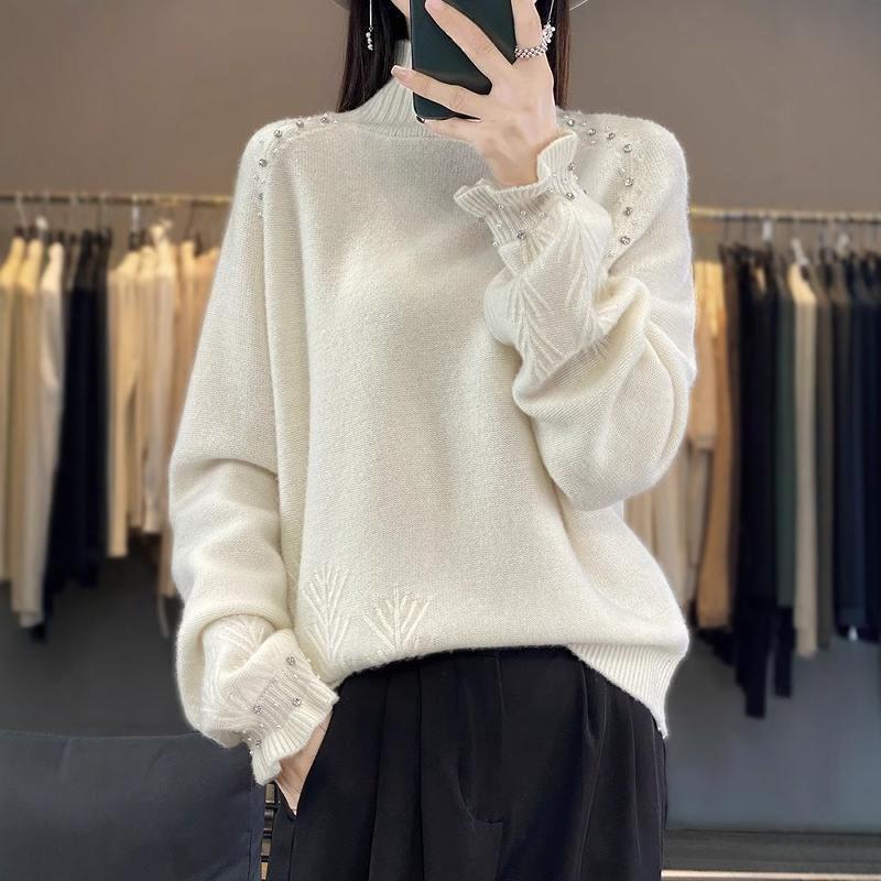Women's Turtleneck Sweater Autumn Winter Beaded Loose Sweater Solid Color Pullover Knit Top