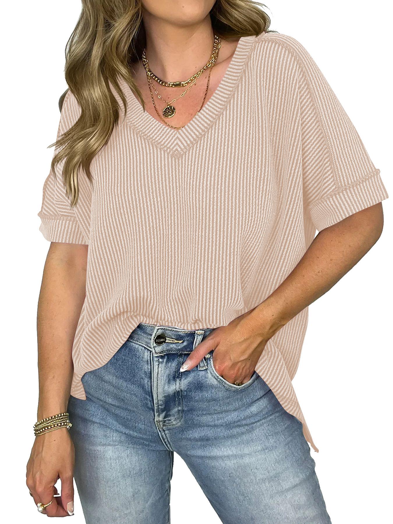 Women European Style V Neck Batwing Sleeve Spliced Slit Loose Pullover T Shirt S абрикосовый