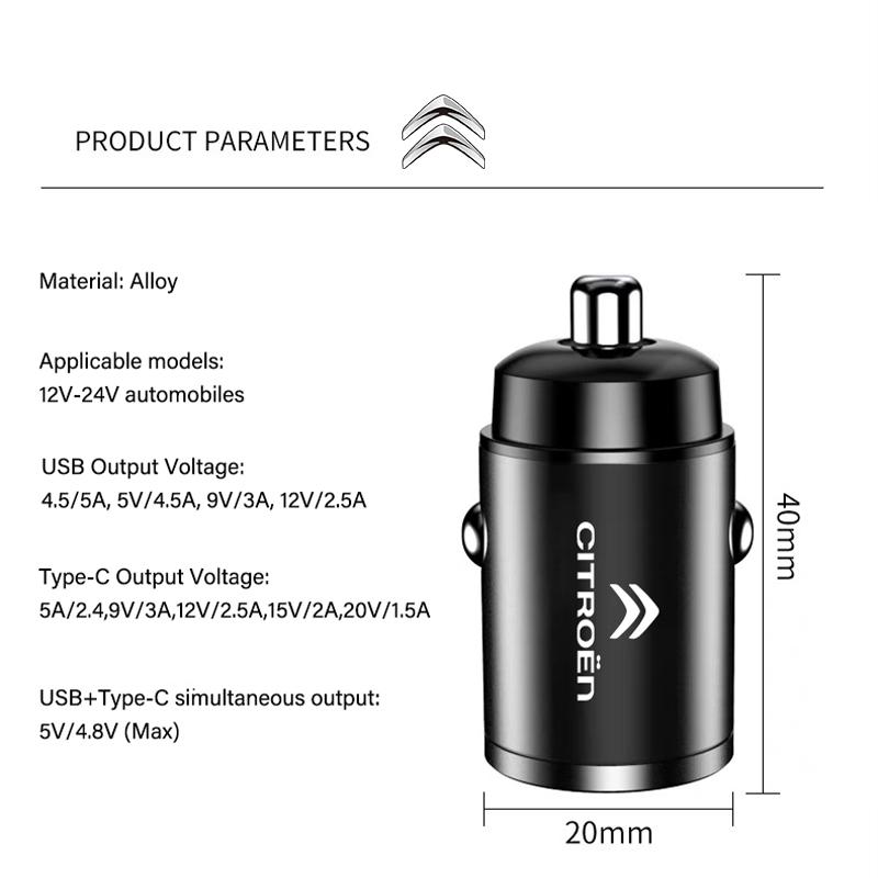 YKKBG1 Invisible Mini Car 100W Charger USB Type-C Dual Interface For Citroen C3 C5 AIRCROSS C5X C4 Cactus PICASSO e-C3 e-C4 C-Crosser