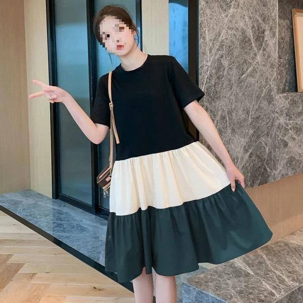 Splicing Contrasting Color Crew Neck T-Shirt Dress Women's Summer Loose Waist Large Size Fashion Foreign Style Over Knee Medium and Long Skirt