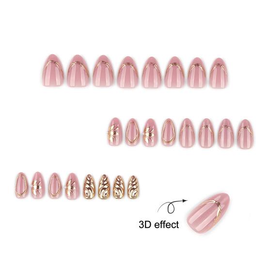 24Pcs Golden Cat Eyes Press On Nails, Nude Pink Almond Stick-on Fake Nails for Women, Removable Full Cover Glue On False Nails