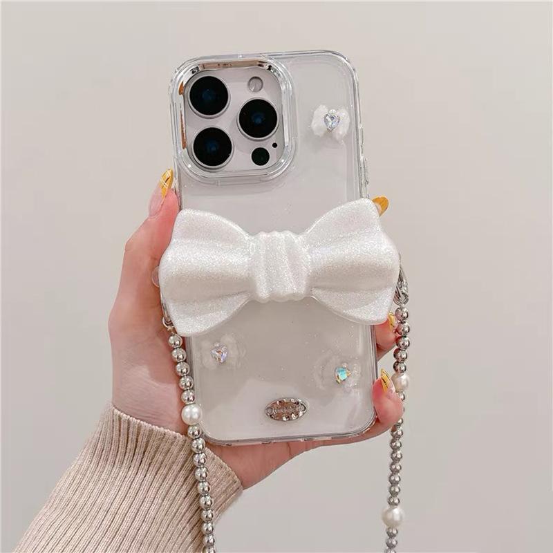3D Glitter Bow Back Clip Phone Case for IPhone 16 Pro Crossbody Chain Strap for Apple 15 Diamond X
