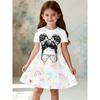 Summer 3D Printed Pattern Short Sleeve Dress for Girls, Short Sleeve Round Neck Casual Loose Dress, Vintage Cute Sweet Style Dress