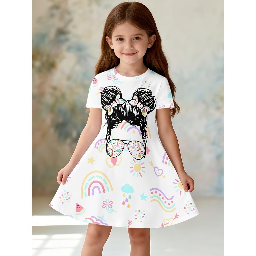 Summer 3D Printed Pattern Short Sleeve Dress for Girls, Short Sleeve Round Neck Casual Loose Dress, Vintage Cute Sweet Style Dress
