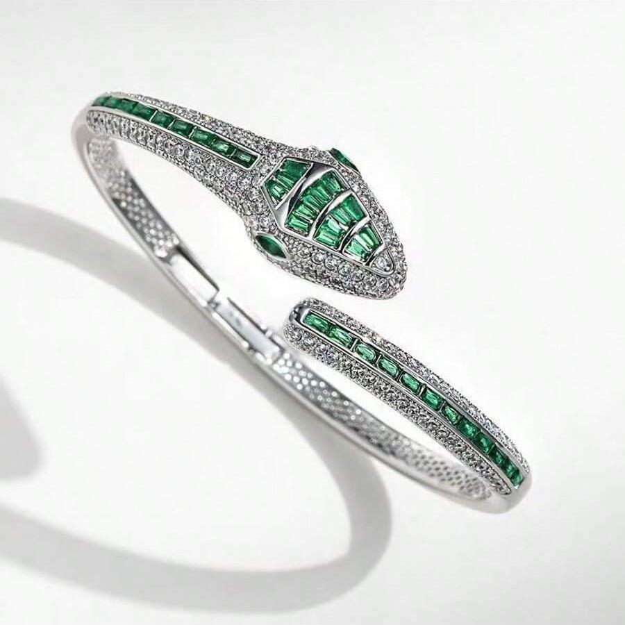 Animal Diamond-set Green Snake Open Bracelet, Simple Personality, Micro Zircon Hand Jewelry, Green Ghost