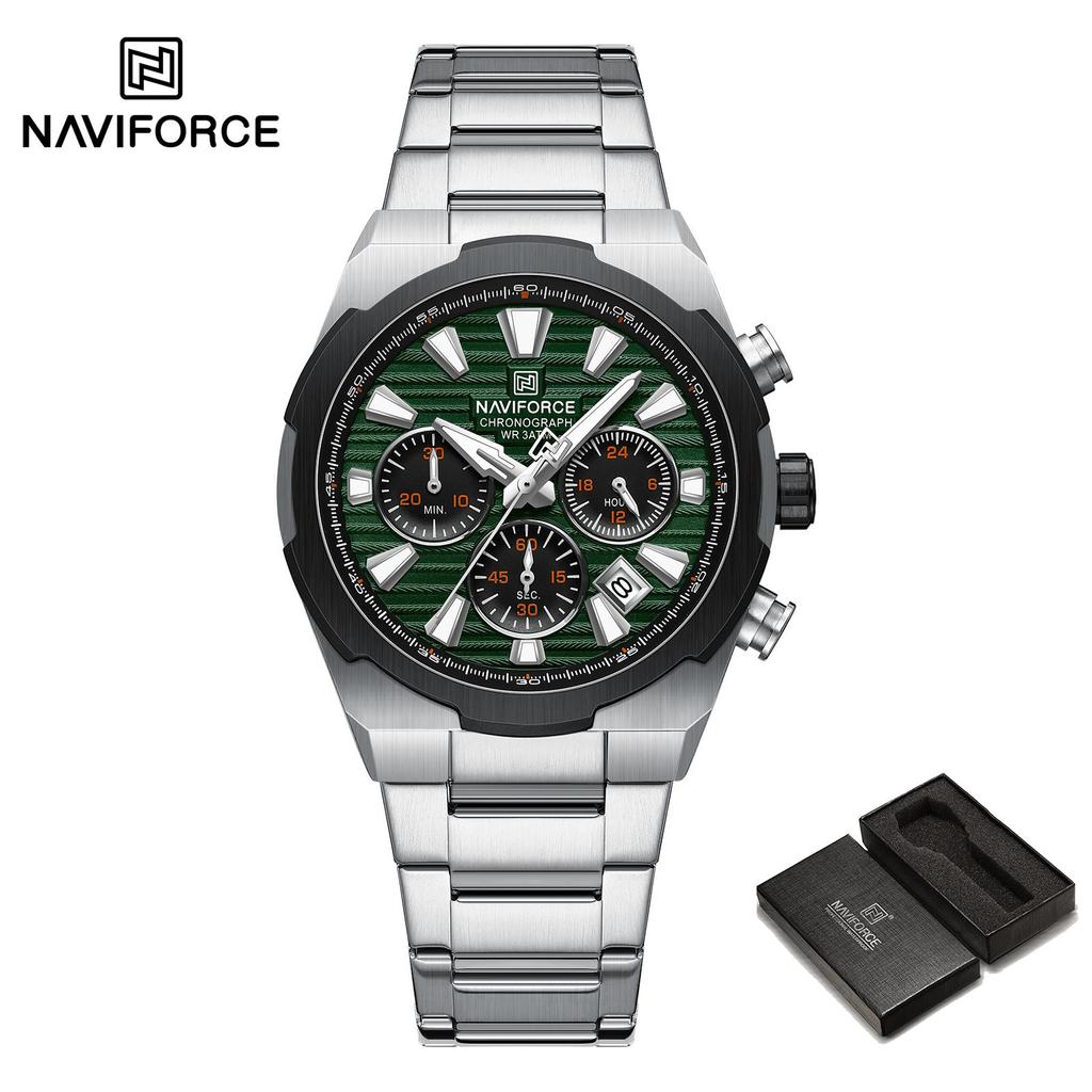 NAVFIROCE Original Men Quartz Watch Stainless Steel Strap Stopwatch Chronograph Date Waterproof Luminous Pointer Men Fashion Watch NF8081