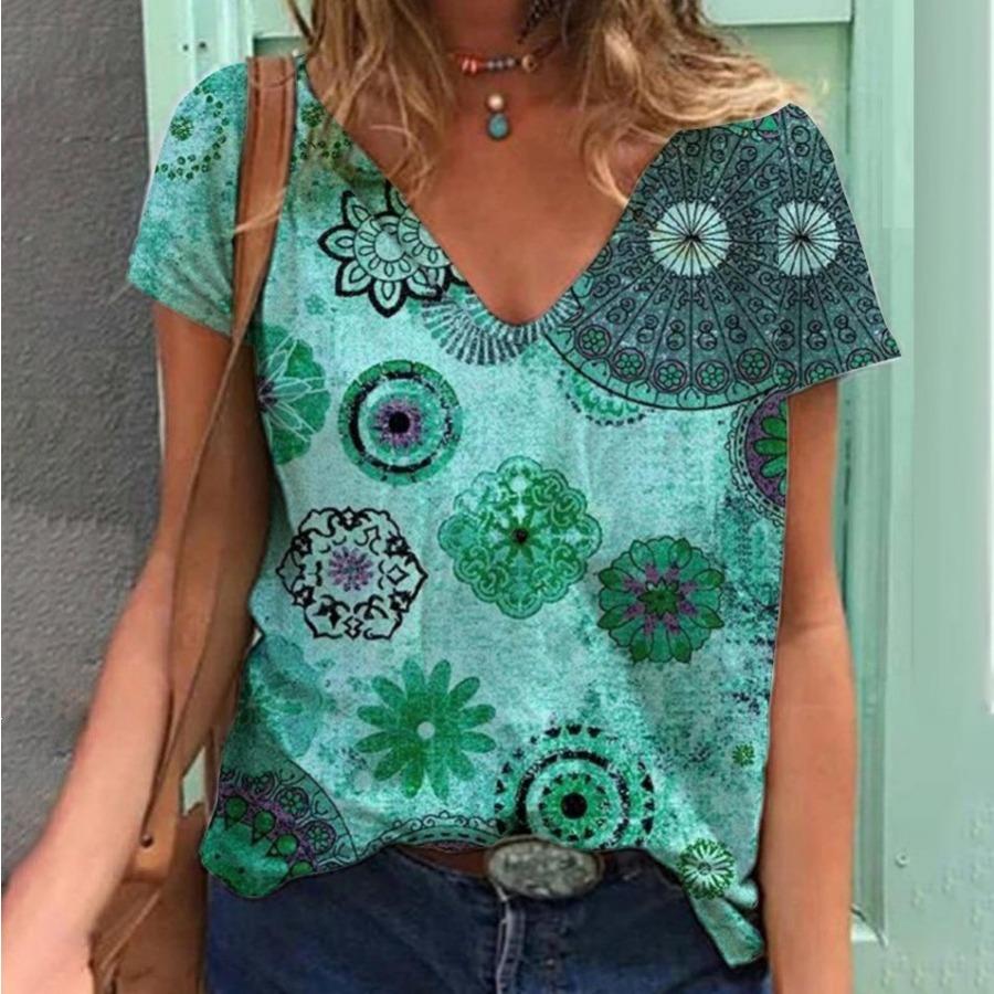 

Vintage Floral T-shirt for Couples Summer Casual Loose Sports Style 3D Printed Short Sleeve V-neck T-shirt 5XL