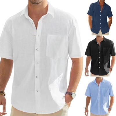 Men Summer Shirt Lapel Collar Solid Color Button Loose Single-breasted Short Sleeves Soft Breathable Mid Length Casual