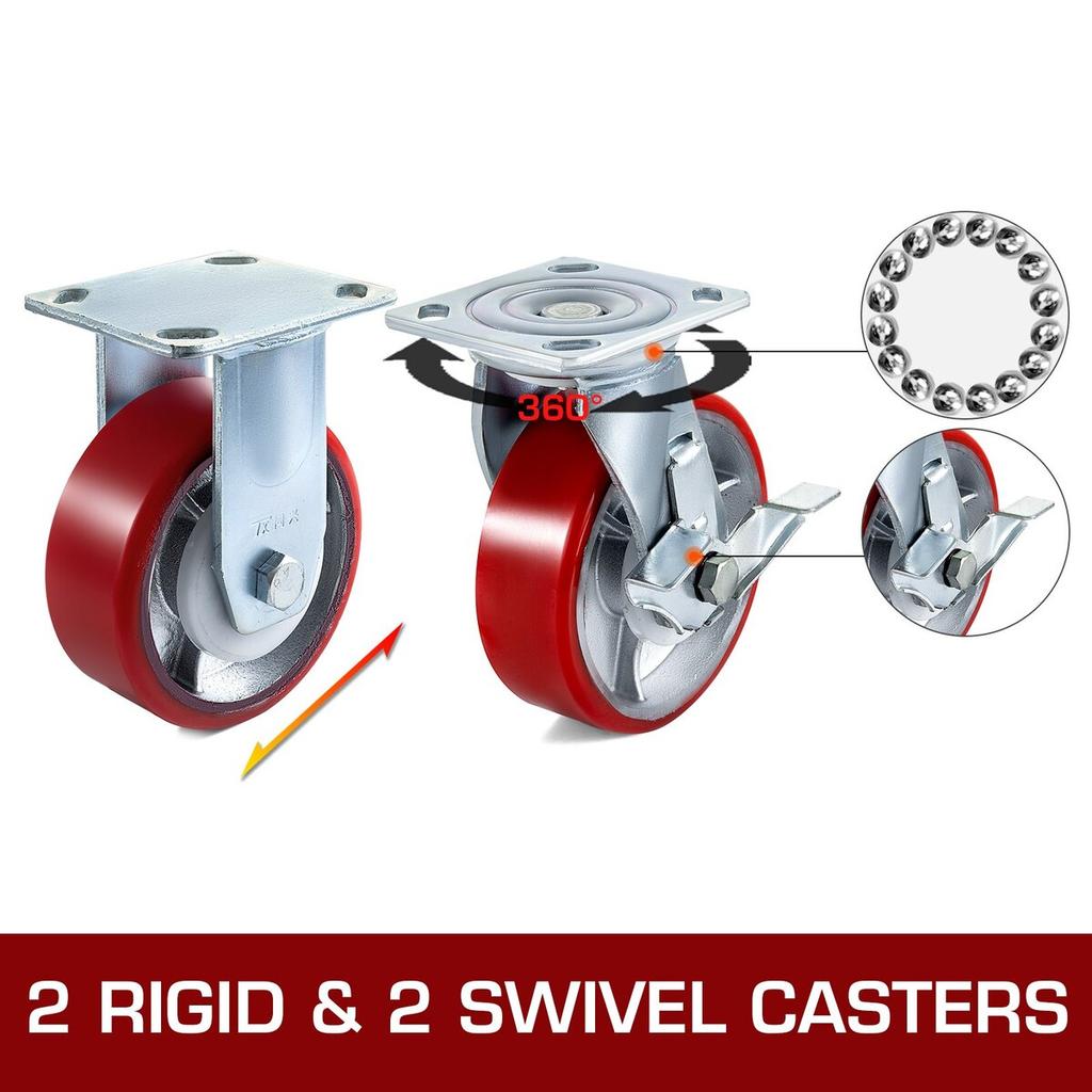 4 Pack 6 x 2 Inch Caster Wheels 2 Rigid and 2 Swivel Casters with Side Brake Polyurethane Iron Core Plate 1000LBS Capacity Per Wheel