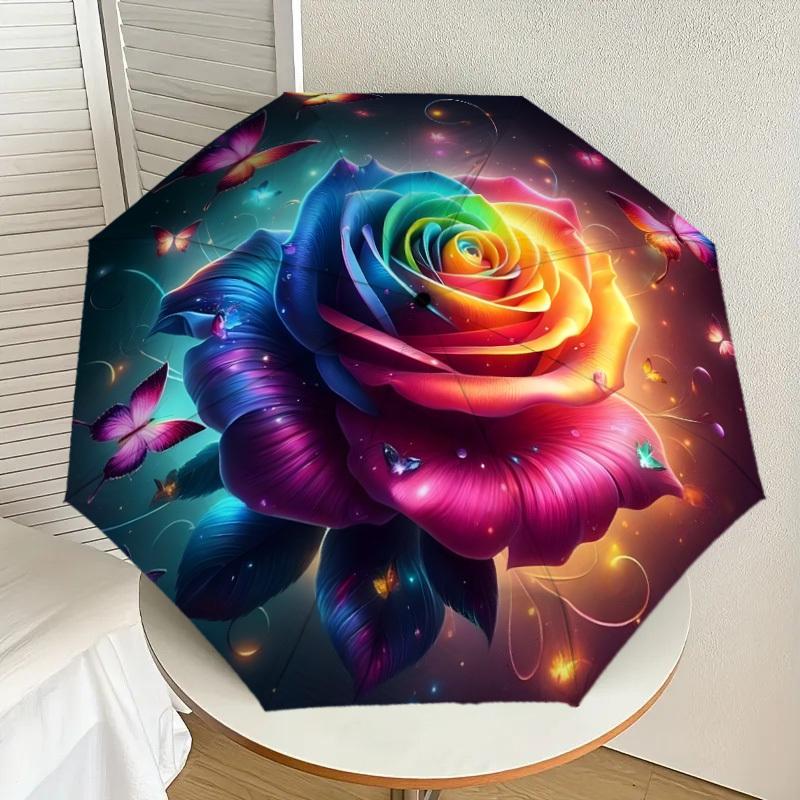 

1pc Rainbow Rose with Butterflies Umbrella with Plastic Handle,Suitable for All Seasons Home Travel Outdoor UmbrellaDD1430