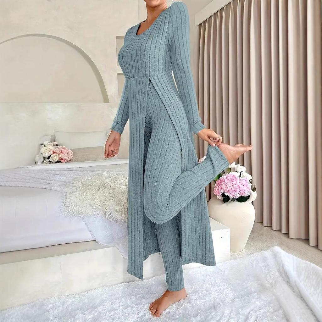Two-piece Set of Ribbed Long-sleeved Top and Pants for Women