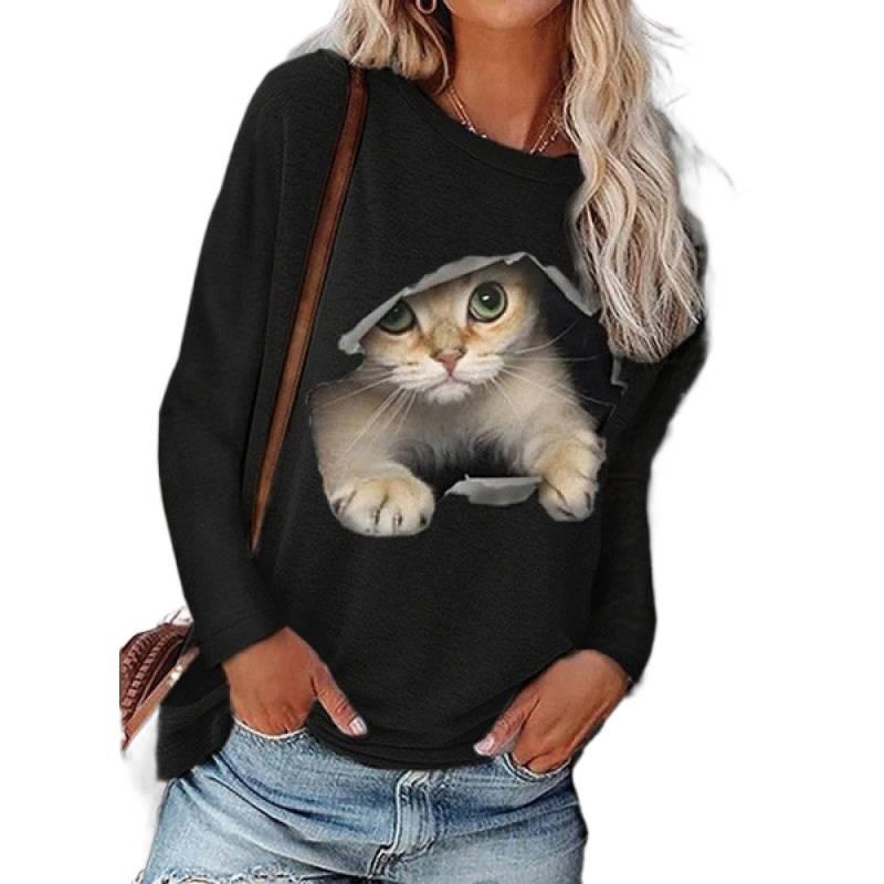 Trendy autumn and winter fashionable women's round neck pullover cat long-sleeved printed T-shirt