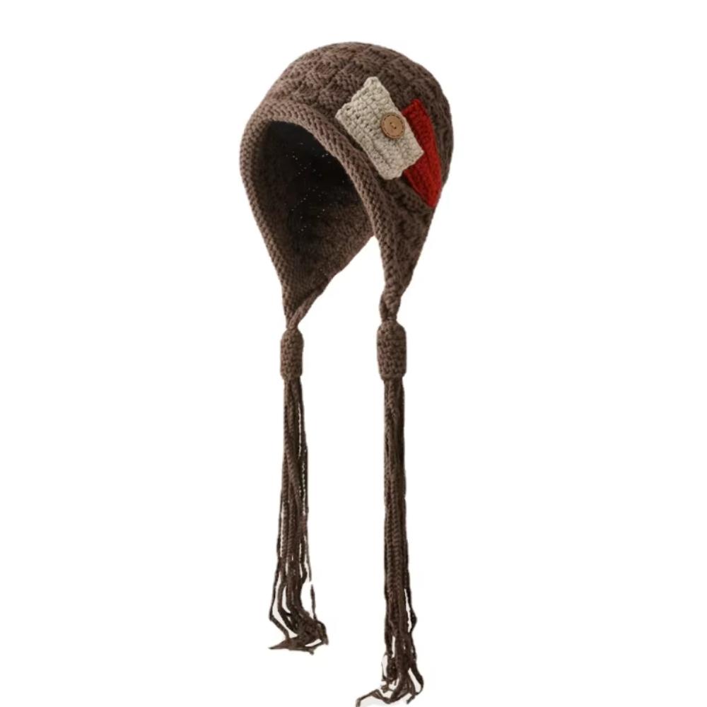 Keep Warm Crochet Lei Feng Hat Button Ear Protection Hat Casual Knitted Hat with Long Tassels  Girl