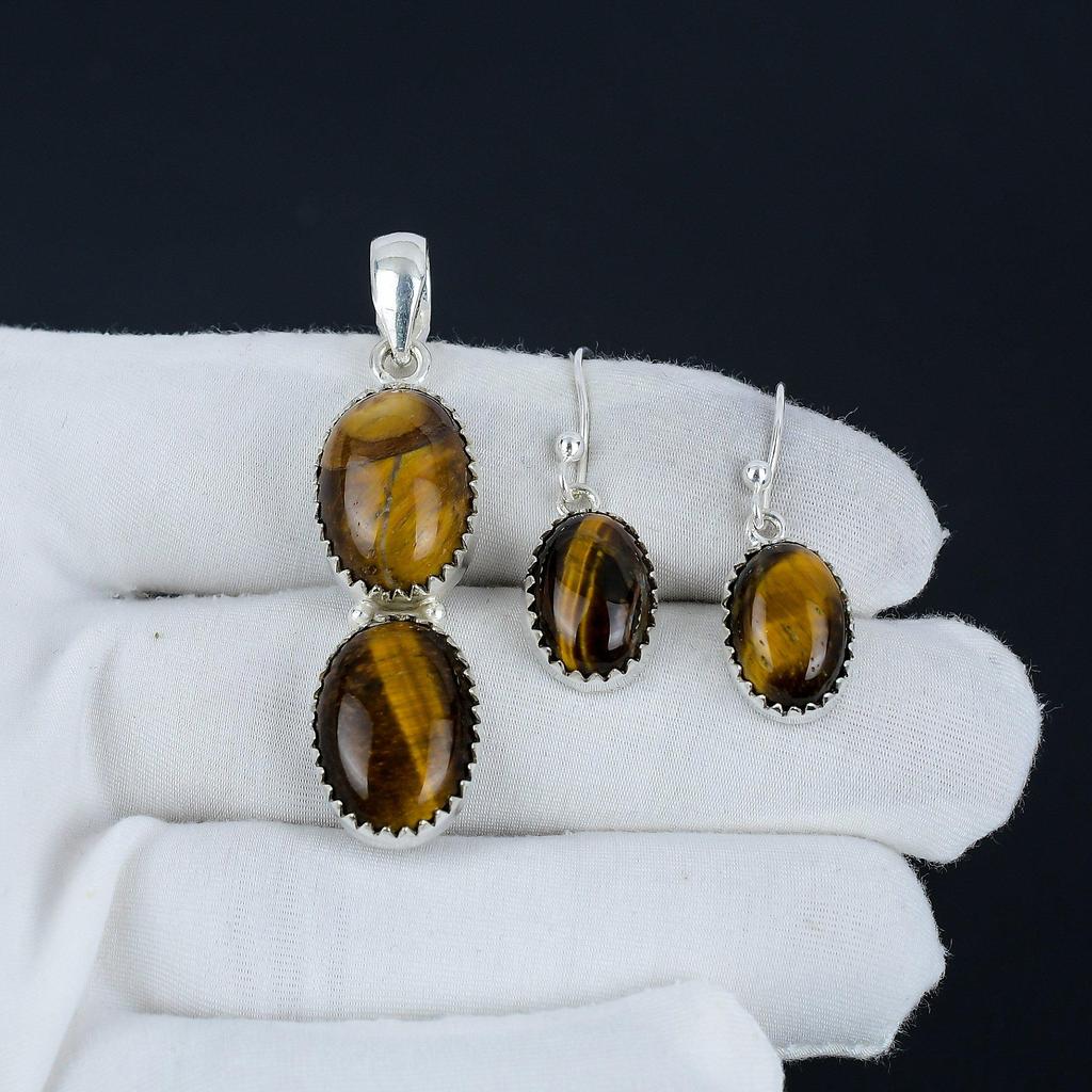 Tiger Eye Pendant Set, Tiger Eye Gemstone Handmade 925 Sterling Silver Earring Pendant Set For Women Pendant Gift For Love