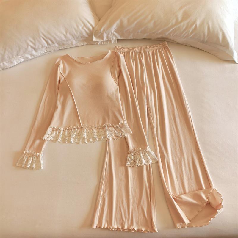 Women's Lace-Trim Pajama Set with Chest Pads - Long Sleeve & Pants, Sweet Influencer Style, Cotton Homewear for All Seasons