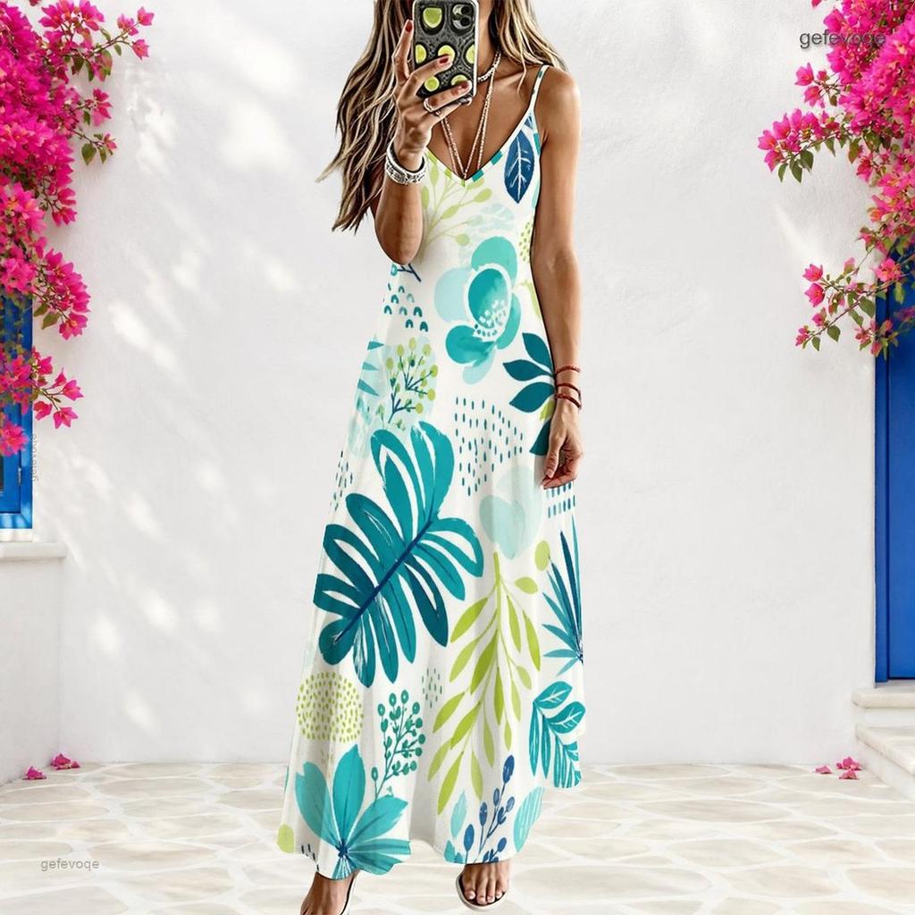 Women Plus Size V Neck Strappy Sleeveless Tropical Leaf Printed A Line Long Dress