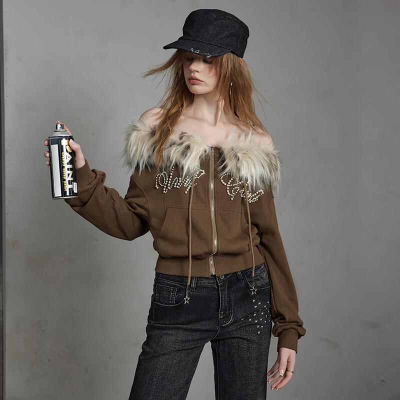 UNIFREE American Retro Fur Collar Cropped Sweatshirt Jacket