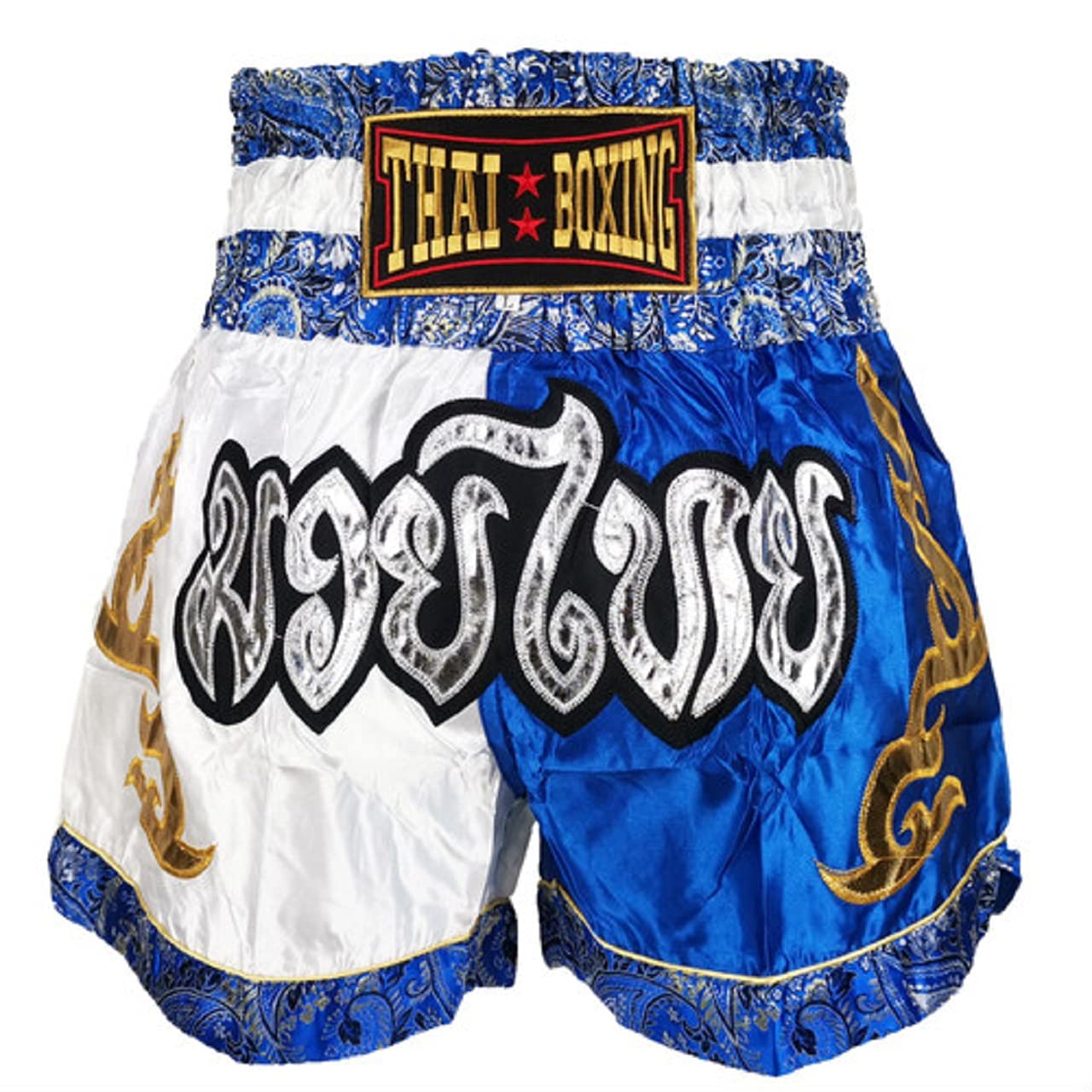 

Brighttrust Muay Thai Kickboxing Trunks for Competition and Suitable for and Kids Size K-1 Training, Amateurs, Men, Women, (White & Blue, M)