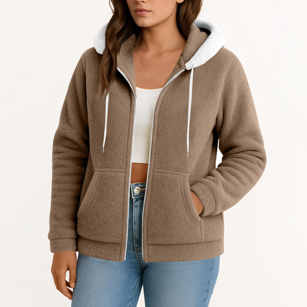 Women's  Fuzzy Fleece Jacket Hooded Color Block Patchwork Lady Cardigan Coat Outerwear With Pockets And Cat Ears