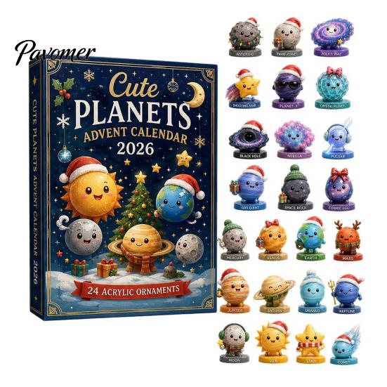 Astronomy Gift for Kids Space Advent Calendar, 24Pcs 2D Flat Acrylic Ornament Set with Planet Star Themed Hanging Decorations Designs, Christmas Tree