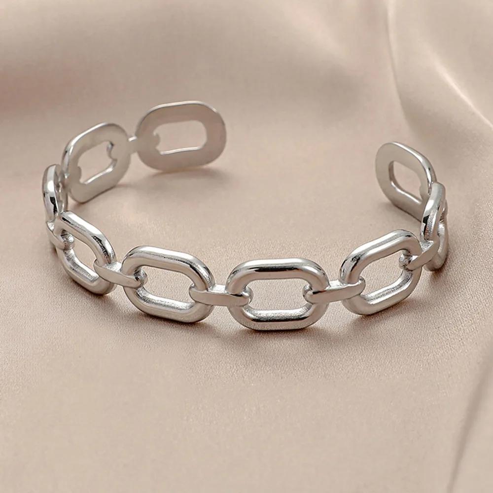 Square Link Hollow Out Open Cuff Bracelet for Women Stainless Steel Vintage Gold Color Bangle Minimalist Wedding Jewelry Gift