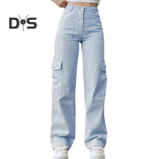 

Женские брюки-карго со средней посадкой, застегивающиеся на молнию на талии, повседневные брюки с множеством карманов, прямые, свободные, однотонные длинные брюки M светло-синий