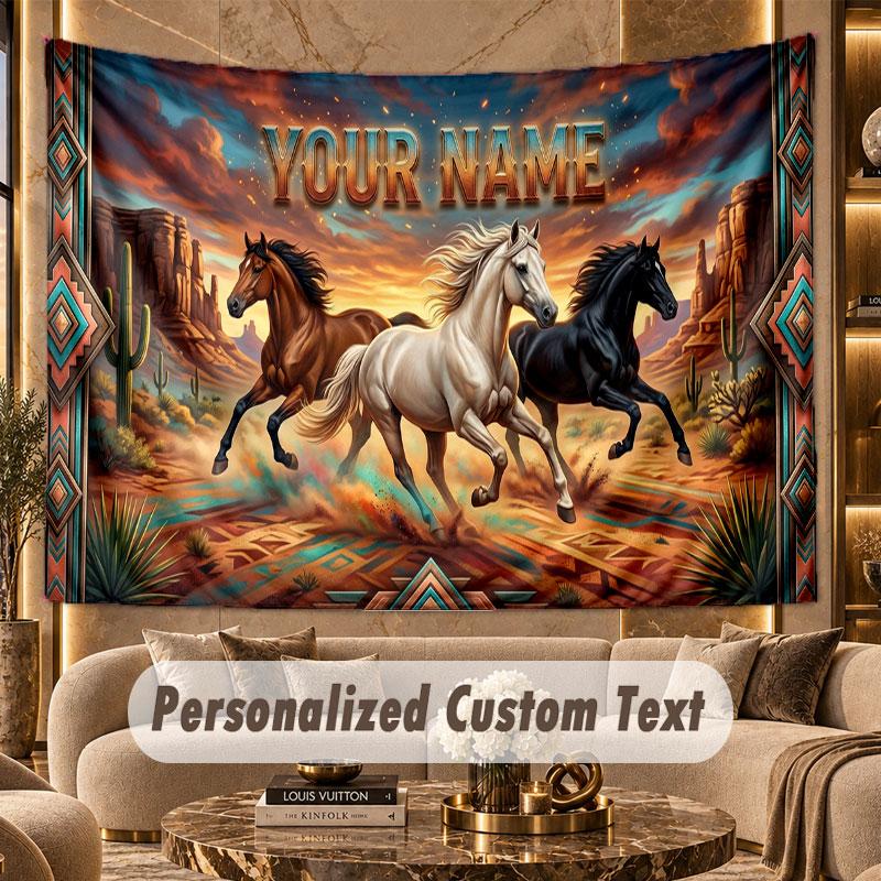 Horse (400) Theme Personalized Tapestry Custom Name Text Wall Hanging Tapestry Home Background Decoration