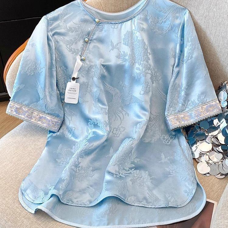 

Жаккардовая вышитая рубашка 2025 новый топ атлас лето взрыв короткий рукав темперамент круглый вырез M (under 50kg recommended) синий