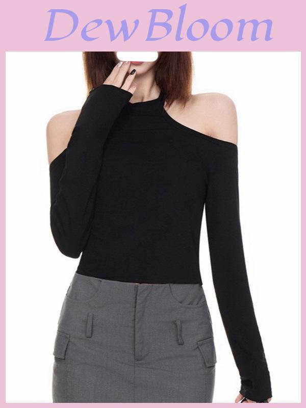 Minimalist Solid Color One Shoulder Crop Top With Spliced Long Sleeves For Casual Wear