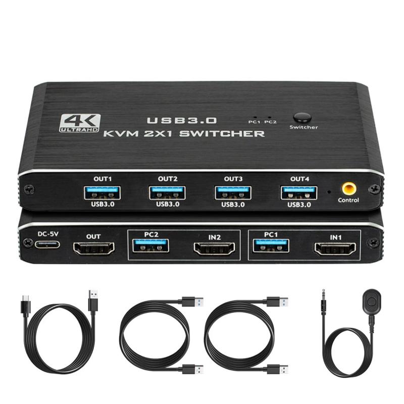 4K@60Hz HDMI-compatible 2x1 Switch Box for 2 Computers Share One Monitor and 4 USB Devices for Keybord Mouse Printer