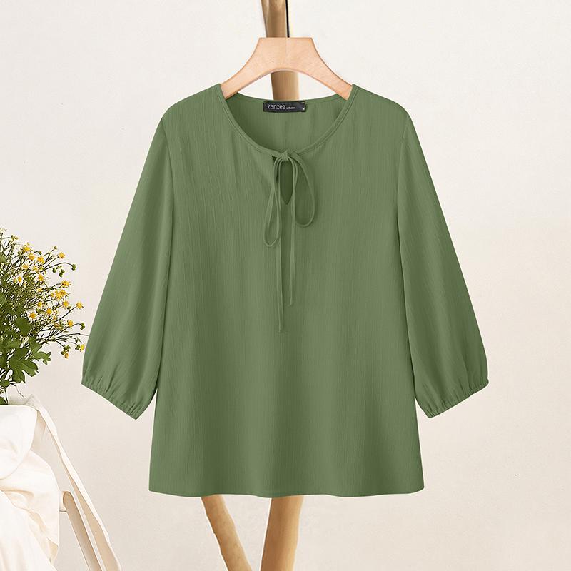ZANZEA Women Casual V-Neck Loose 3/4 Sleeve Solid Blouse