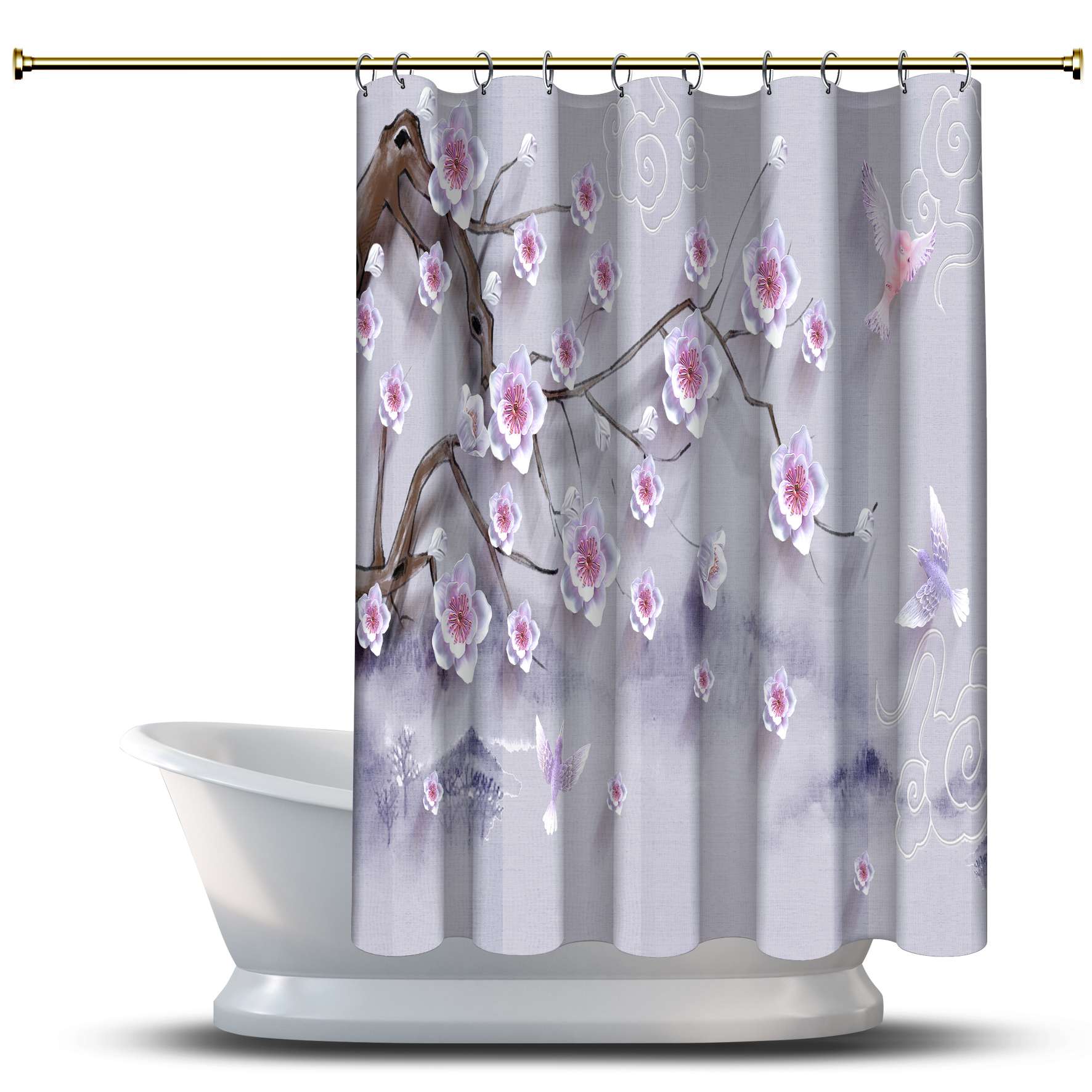 

Занавеска для душа с принтом в виде японского дерева / водонепроницаемая для вашей ванны, украшения для ванной комнаты - 3d цветы, ваза, дерево, птица