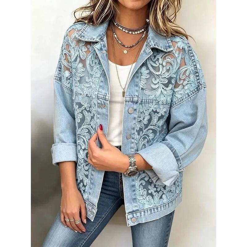 Women Lace Spliced Denim Jacket Loose Casual Lapel Long Sleeve Single Breasted Short Coat Fashion Streetwear Outerwear