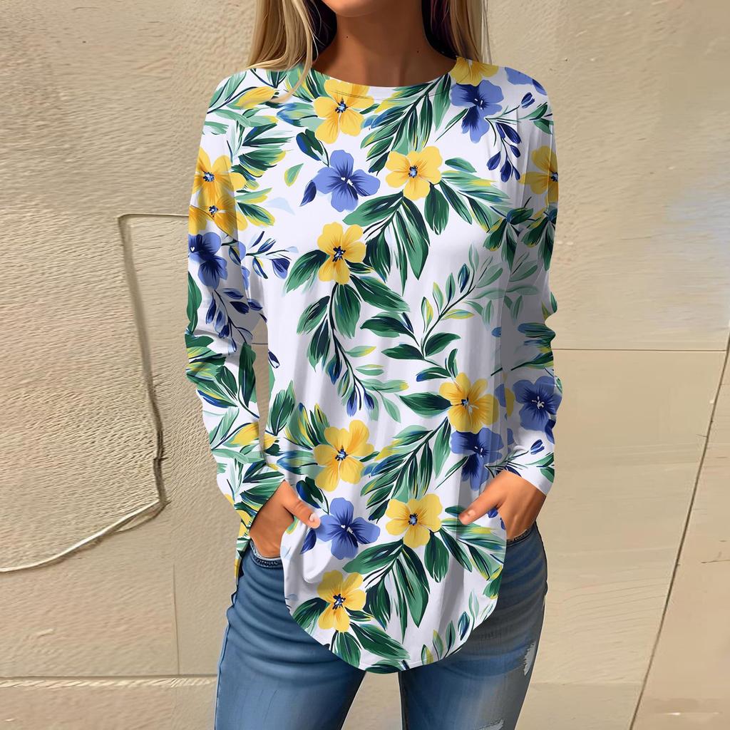 Women's  Loose Casual Flower Printed Round Neck Long Sleeved T Shirt Top Pullover Long Sleeved Sweatshirt