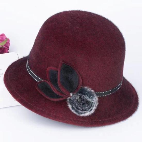 Lady Hat Elegant Wide Brim Keep Warm Solid Color Winter Autumn Ladies Dome Hat with Flower for Daily Wear