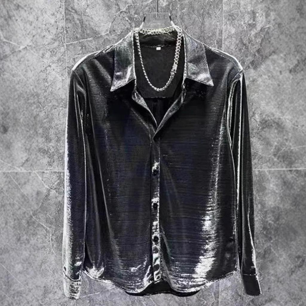 Men's Streetwear Long-Sleeve Pique Shirt - 2024 Spring/Autumn Collection, Loose Fit, Shiny Handsome Style