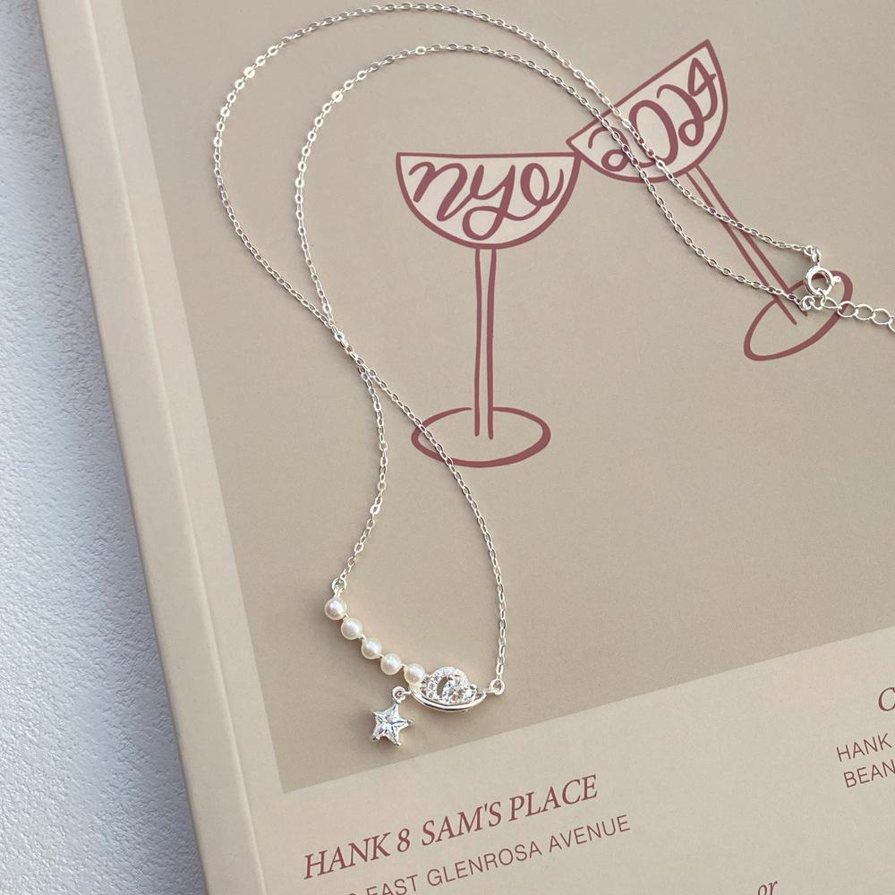 S999 Sterling Silver Freshwater Pearl Star & Moon Pendant Necklace for Women - Elegant Light Luxury Clavicle Chain, New Style. Pure Silver